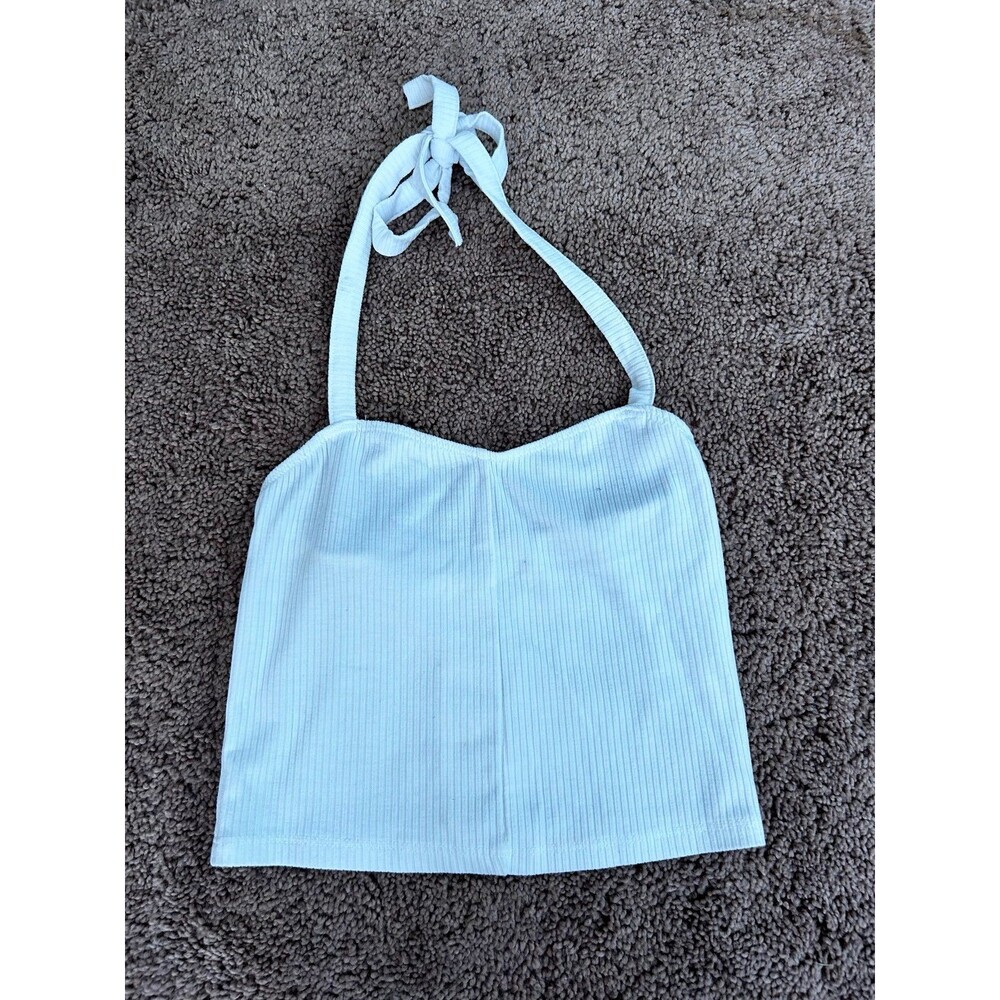 PacSun Ribbed Halter Tank Top XS White Tie Neck Cropped Basic Cami